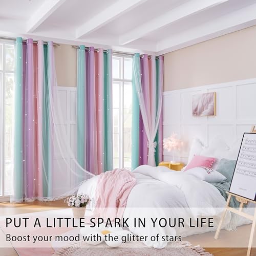 Xidi RAINBOW CURTAIN Curtains For Girls Bedroom Kids Room Unicorn Princess Theme Room Darkening 63 Inches Long Wall Decals Pink Purple Green thumb #2