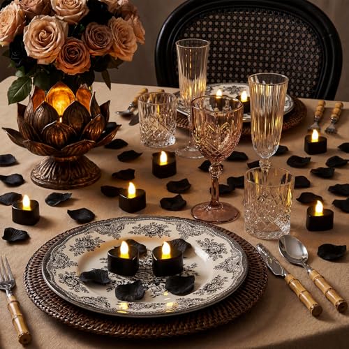 Image of Coume 6000 Pieces Artificial Rose Petal 72 Pieces LED Tealights Candle, Romantic Decorations Special Night Rose Petal Heart Candle for Valentines Wedding Anniversary Proposal Decor(Balck)