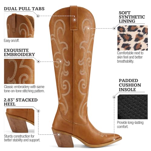 Image of Rollda Cowboy Boots for Women Cowgirl Boots Embroidered Knee-High Western Boots Pointy Toe with Chunky Heel