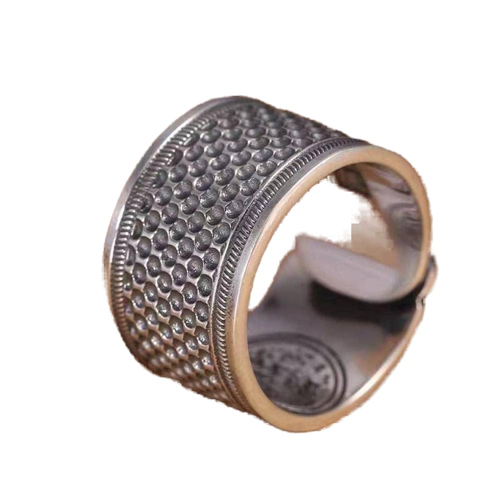 SIWAN Ring Retro Lucky Muster Ring S999 Silber Herren Breites Retro Retracable Ring HerrengeschenkEinstellbar