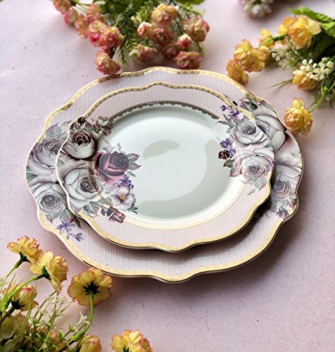 Image of Vigneto | Rose Garden Snack Set (1 Serving Plate, 6 Quarter Plates, 1 Server) | Finest Premium Porcelain | Luxury Floral Tableware