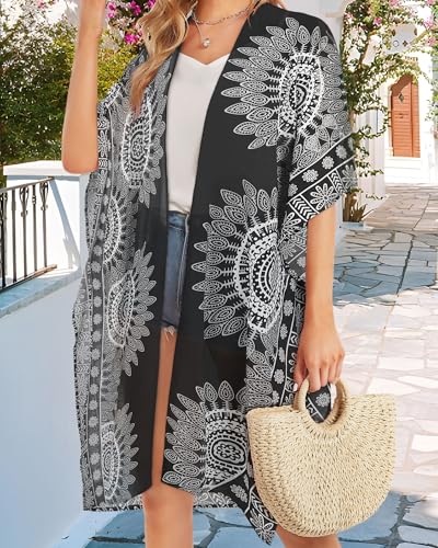 Image of Women's Kimono Swimsuit Coverups Summer Beach Loose Cardigans for Swimwear | CHICGAL Casual Open Front Chiffon Cover Up, 3 /4 Sleeve Lightweight Vacations Outfits 2026, Long Summer Resort Wear