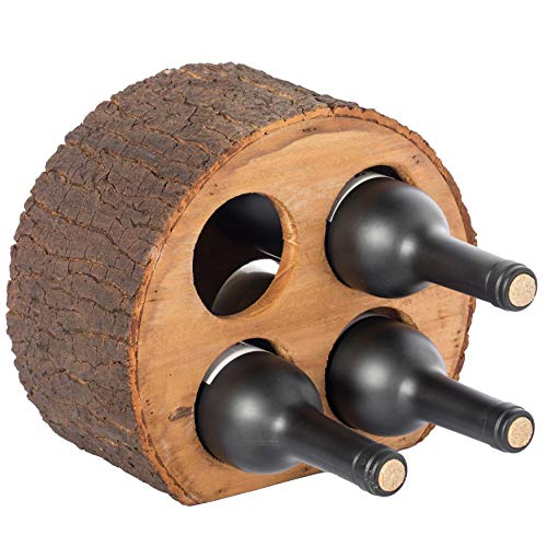 Vintiquewise Round Wood Log Style with Bark 4 Bottle Countertop Wine Rack Holder