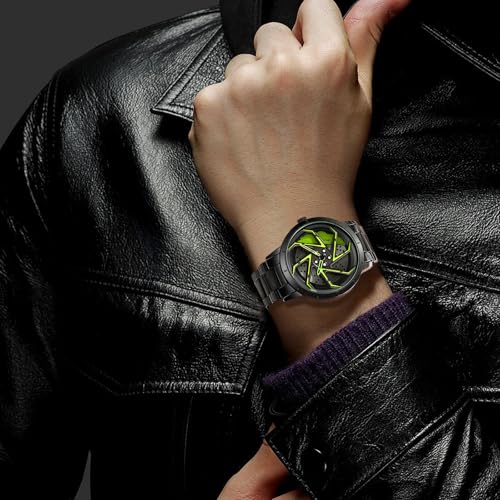 Image of FANMIS Men's Racing Car Wheel Watch 3D Spinning Dial Stainless Steel Watch | Creative 3D Spinning Car Quartz Large Skeleton Face and 30M Water Resistance Designed for Car Fans and Daily Wear.