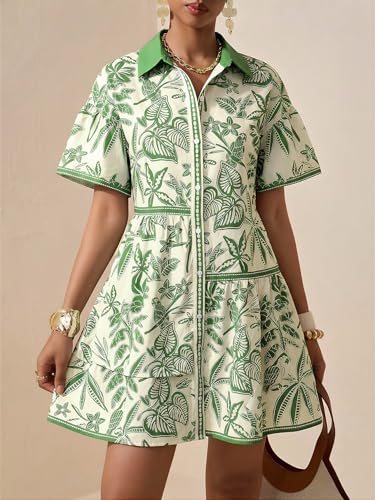 Image of SOLY HUX Women's Floral Button Down Shirt Dress Collared Short Sleeve Ruffle Babydoll Summer Boho Vacation Short Dresses