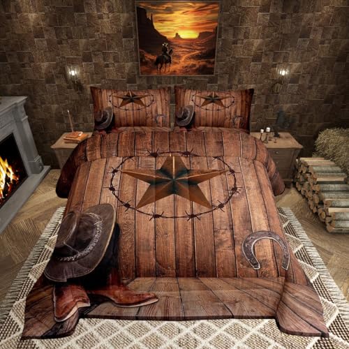 Manfei Western Texas Star Kids Comforter Set Full Size,Cowboy Horseshoe Old Wooden Door Bedding Set,Girls Boys Adults Room Decor,Rustic Farmhouse Down Comforter,Brown Retro Duvet Insert,2 Pillowcases