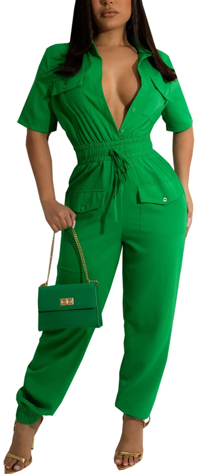 Women's Casual Long Sleeve Round Neck Jumpsuits Work Wide Leg Pants Club Party Loose Rompers