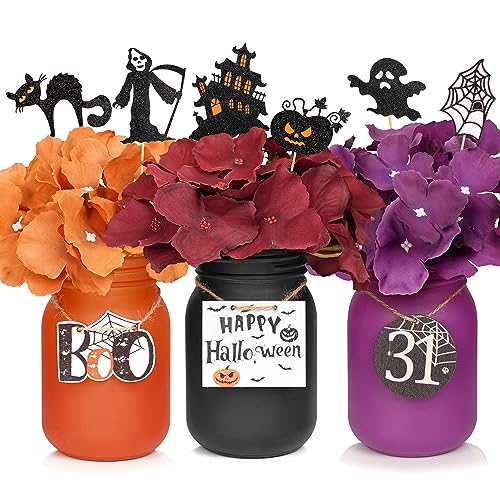 DIY Halloween Decorations, Halloween Table Centerpiece, Halloween Mason Jar Table Decor Set: Themed Vases with Faux Flowers & Festive Tags - Indoor Halloween Centerpiece Ideas