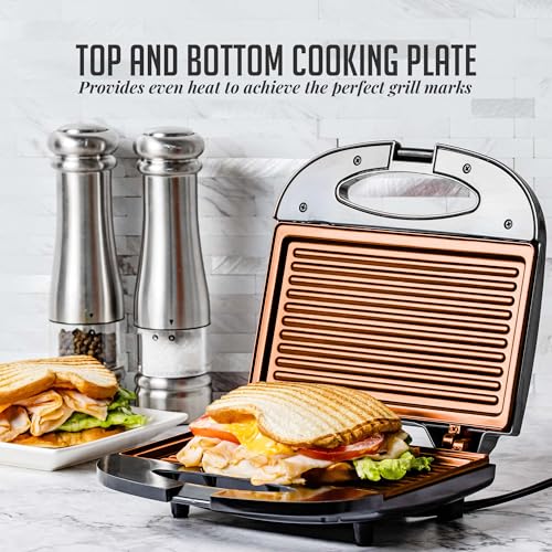 OVENTE Electric Panini Press Grill with Nonstick Plates, LED Indicator Lights, Thermostat Control, Compact Sandwich Maker Perfect for Cooking Breakfast, Steaks, Eggs Snacks & More, Copper GP0110CO