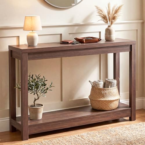 iSunirm Mesa Consola de 120 cm para Recibidor y Pasillo, Mueble Entrada Estrecho Estilo Nórdico en Color Nogal, Mesa Auxiliar Larga para Detrás del Sofá, Estante de 2 Niveles para Decoración y Salón