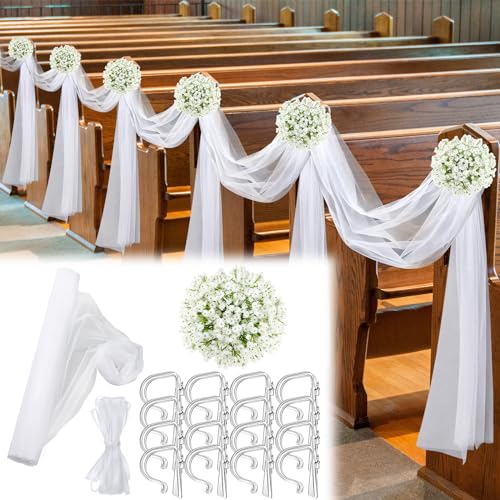 Riceshoot 34 Pcs Church Pew Wedding Decorations White Fabric Tulle