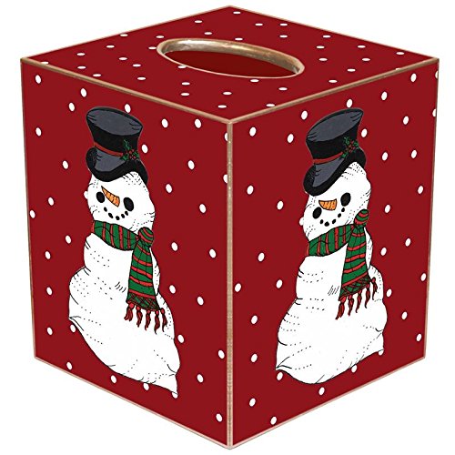 Snowman on Red Tiny Polka Dot Paper Mache Tissue Box Cover