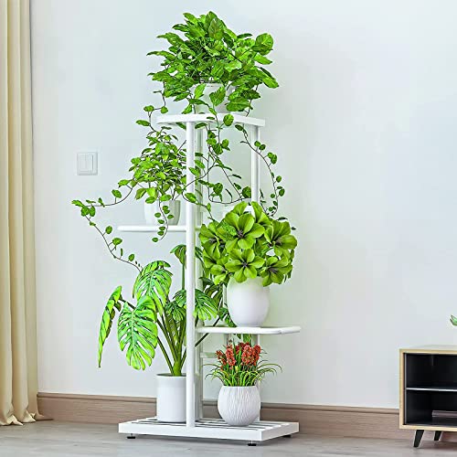 Image of LINZINAR Plant Stand Indoor Outdoor Metal 4 Tier 5 Potted Multiple Flower Pot Holder Shelf Planter Display Shelving Unit for Patio Garden Corner Balcony Living Room (4 Tier 5 Potted, White)