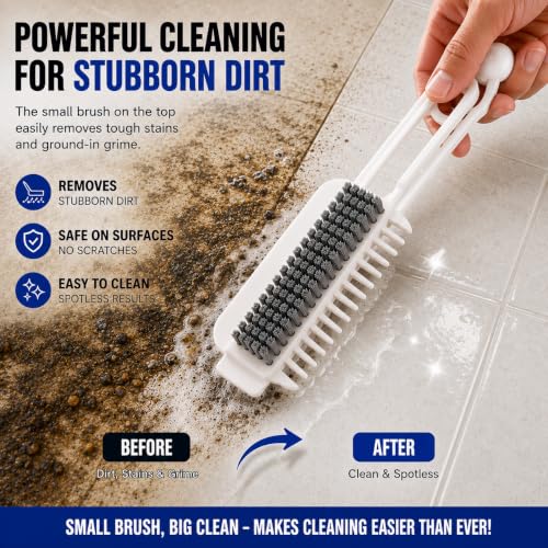 Image of 5-in-1 Multi-Purpose Crevice Cleaning Brush with Built-in Scraper, Comb & Tweezer | Hard Bristle Deep Cleaning Brush for Bathroom Kitchen Sink, Stove Tile Grout Corners Window Tracks & Narrow Gaps