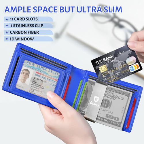 GSOIAX Men's Slim RFID Blocking Leather Wallet with Money Clip | Minimalist Carbon Fiber Bifold Credit Card Holder | 11 Card Slots | Gift Box Included(Carbon Blue)3