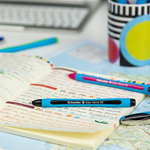 Image of Schneider Slider Memo XB Writing Instruments Ballpoint Pen with Cap Model Black Barrel Colour Cyan Black Pack of 10