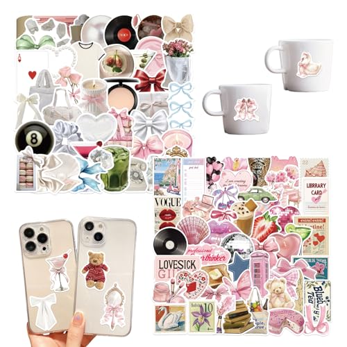 Ruispeed 110PCS Aesthetic Sticker Clean Girl Aesthetic Stickers for Girls Pink Bow Girly Stickers Waterbottle Vinyl Stickers(Pink and Blue)
