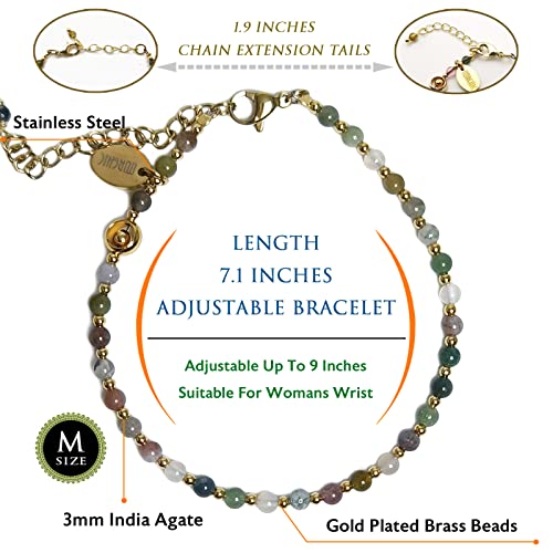 Morchic 3Mm India Agate Multicolor Mini Beads Natural Gemstone Adjustable Bracelet For Women, Energy Gem Charm Series, Birthday Gift 7.1 #TOP1
