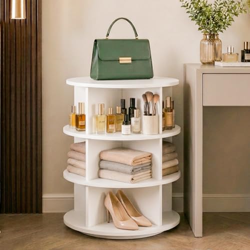 Image of 360 Rotating Multipurpose Storage Cabinet - Laminated Engineered Wood Organizer Rack | Space-Saving Rotating Shelf for Bedroom, Living Room, Dressing Area & Bathroom (White, 3-Tier)