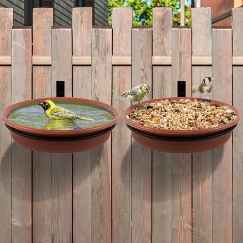 Fence Bird Feeders Tray - 2pcs Tree Mounted Wild Bird Bath for Outdoors Place Food Water Installed on Wooden Deck Fence with Heavy Duty Iron Ring 8.3 Dia. (Brown)