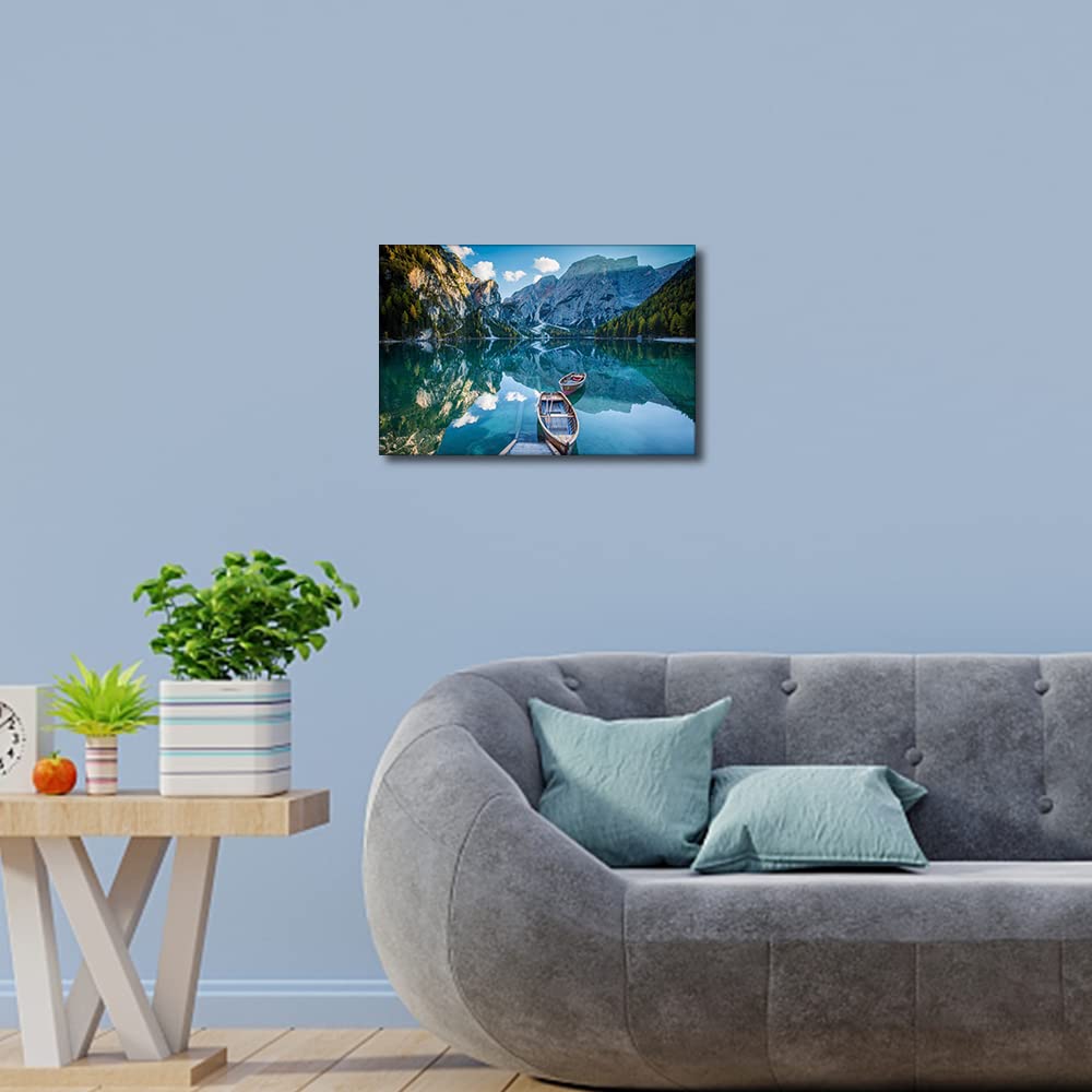 Canvas Wall Art Lakeside Boat Lago di Braies Lake Mountains Dolomiti di Brenta Painting Canvas Artwork Nature Picture for Home Office Wall Decor Framed Ready to Hang 12" x 18" - Image 3