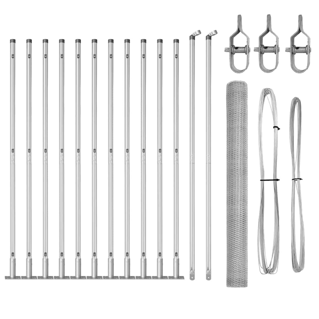 Garden Fence Post Silver 25 x 1.4 m 25mm Mesh Steel Outdoor Fencing Panel Kit for Dog Pet Enclosure and Terrace Boundary Security with 11 Posts Weather Resistant Corrosion Proof Modern Design