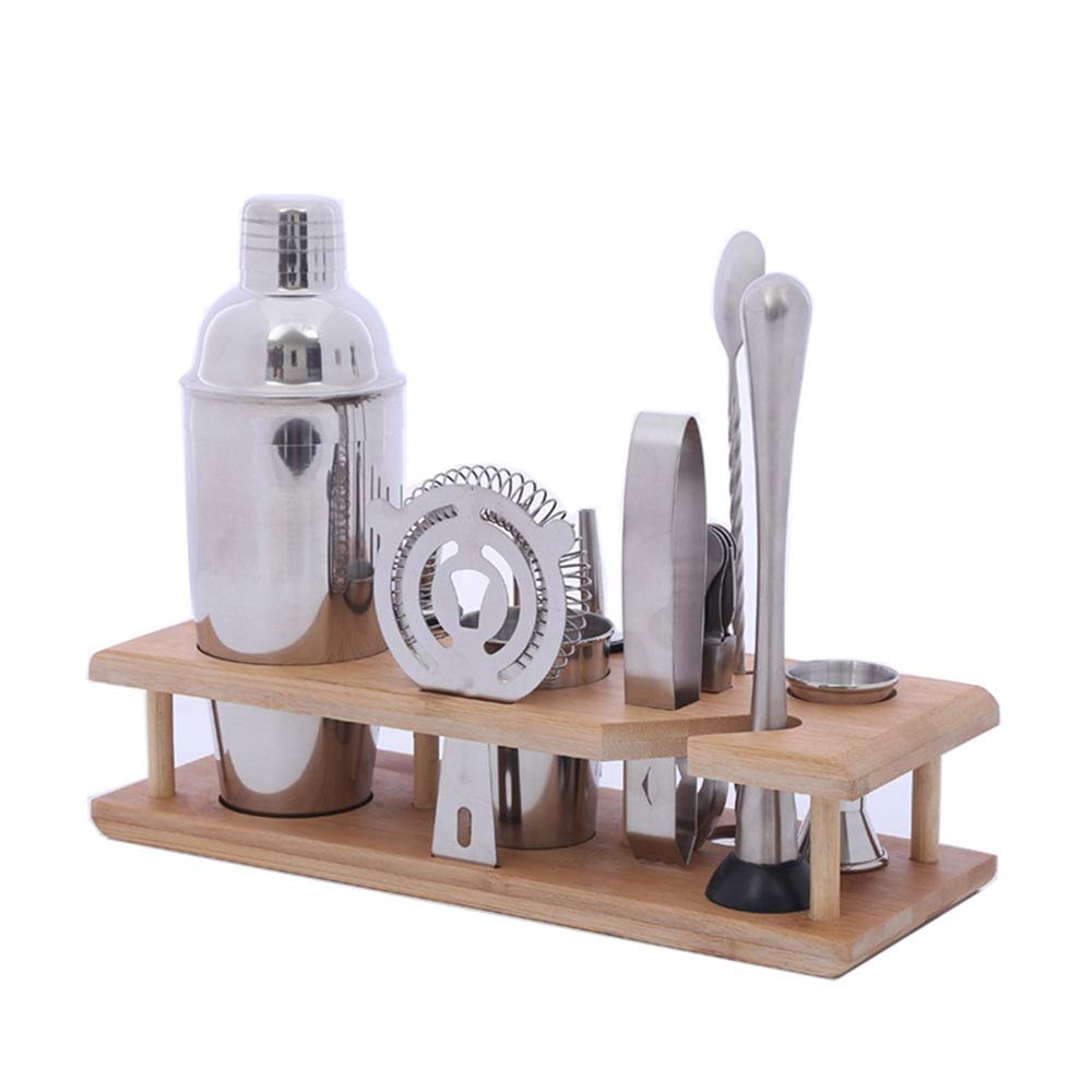 GonFan Cocktail Shakers 13 Piece Bartender Kit Cocktail Shaker Set with Bamboo Stand,Stainless Steel Bar Tools With Stand Bartender Kit (Color : Silver, Size : M)