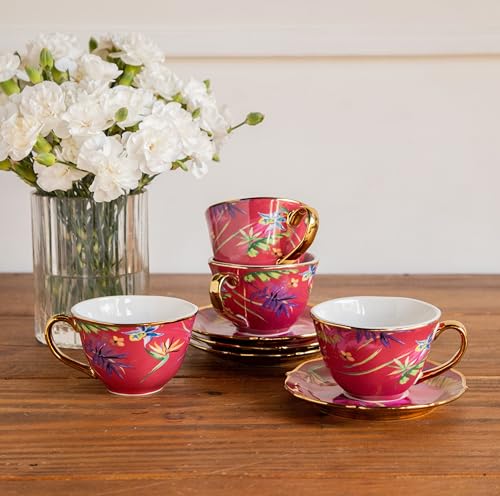 Image of Octavius Imperial Crimson Bloom Tea Set - 6 Porcelain Cups & Saucers, 200ML | Fine Floral Design with Gold Rims & Handles | Elegant Tea Set for Gifting, Home & Special Occasions