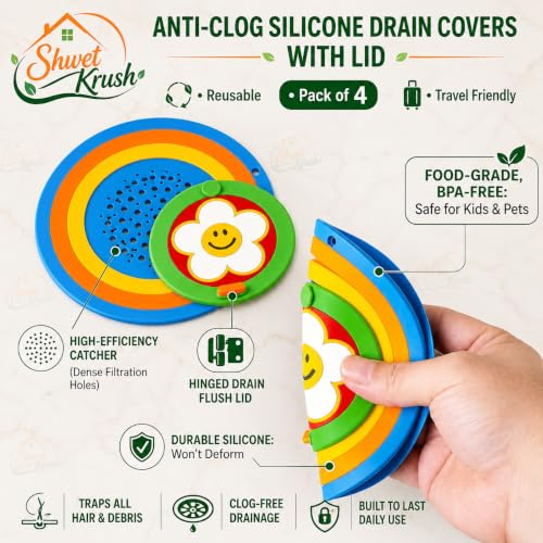 Image of Silicone Drain Cover Hair Catcher and Filter | Reusable Sink Drain Strainer, Bathroom Floor Drain Filter, Odor Blocker, Easy Cleaning Design, Flexible Silicone Drain Cover (Pack of 4)