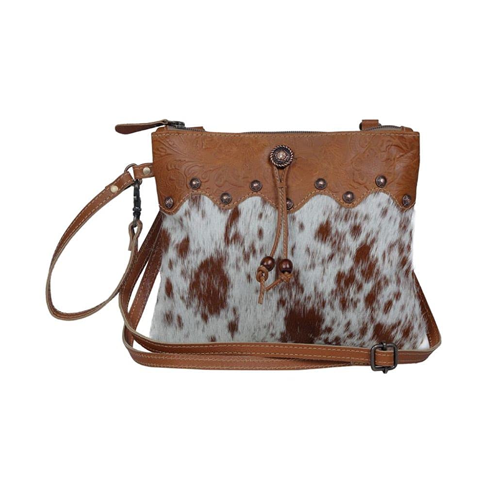 Myra BagOrnate Brown Leather & Cowhide Bag Upcycled S-3401