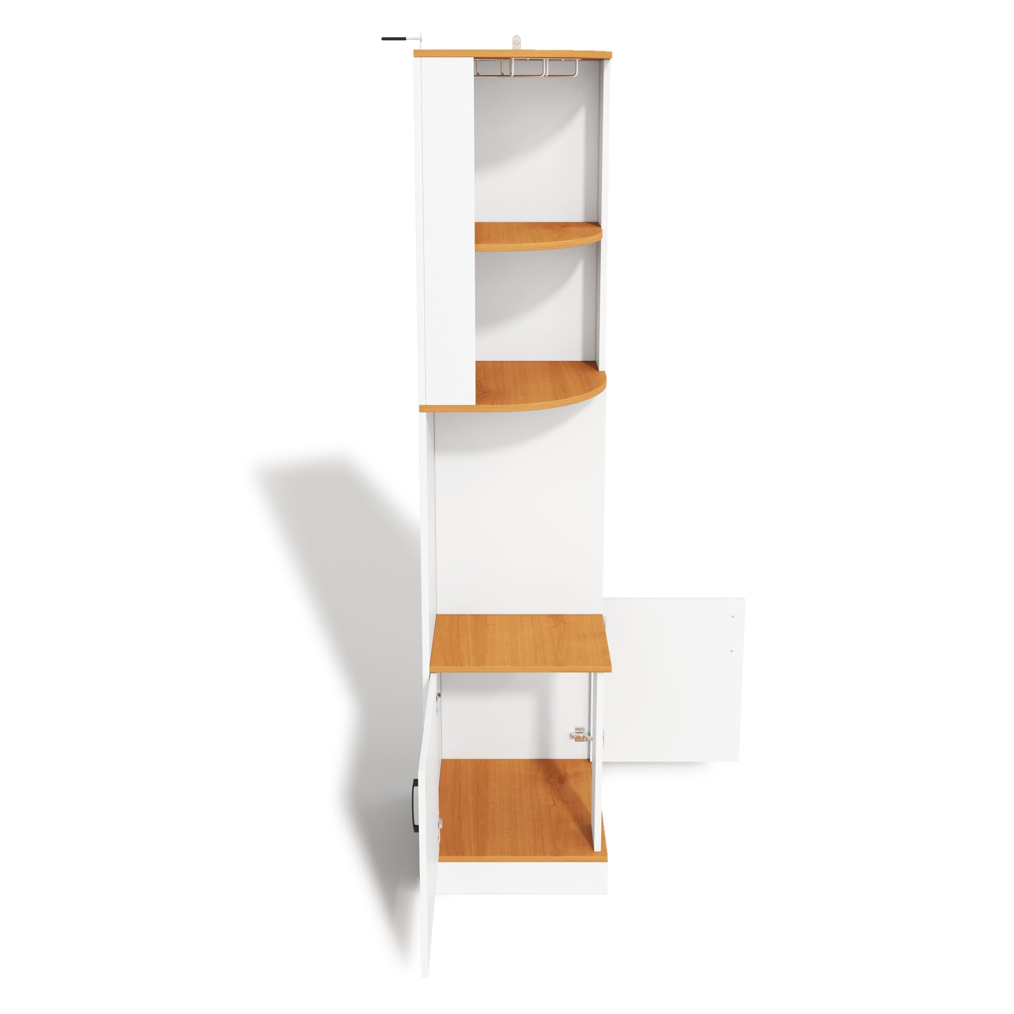 Mobiletto angolare per vino con mensola per bicchieri da vino, 40 x 40 x 182 cm, bianco, sistema di stoccaggio angolare, con portabottiglie e ante dell'armadio, bancone da bar autoportante