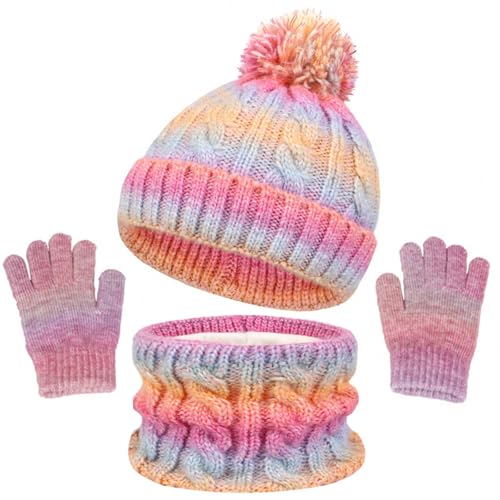 Mayoii Juego de gorro, bufanda y guantes para niños – Juego de 3 en 1 de gorro, bufanda y guantes de invierno para niños con gorro de pompón, calentador de cuello y manoplas para niños y niñas de 3 a