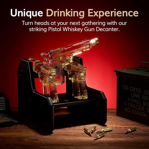 Image of Gifts for Men Dad Whiskey Decanter Set | 7.7 Oz | Three Pistol Gun & Wooden Stand, Unique Birthday Gift Ideas Daughter Son, Home Bar Gifts, Drinking Accessories Military Present Cool Dispenser