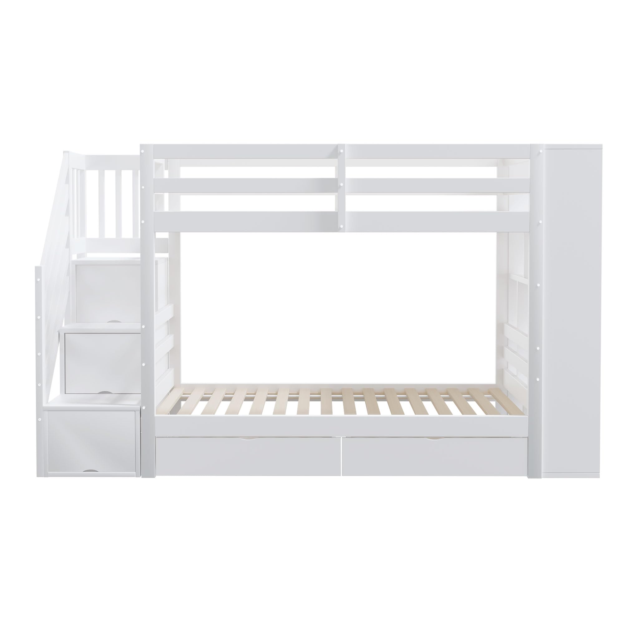 Moimhear Letto a castello 90x200 cm, scala di sicurezza con vani portaoggetti, cassetti portaoggetti e ampi armadietti, struttura alta recinzione, rete a doghe, letto in pino (bianco)