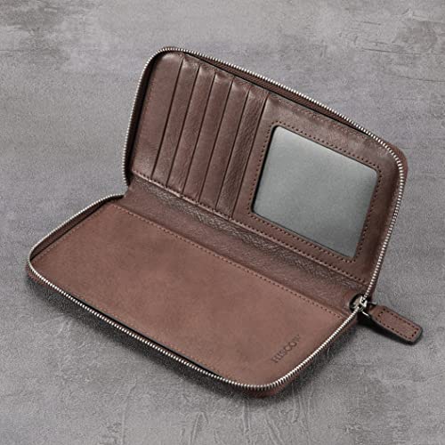 Image of HISCOW Leather Checkbook Cover, Zippered Wallet, Aniline Leather Coffee | Full grain cowhide, 5cc & ID window, personal check book & register pockets, removable duplicate divider, women secure zipper
