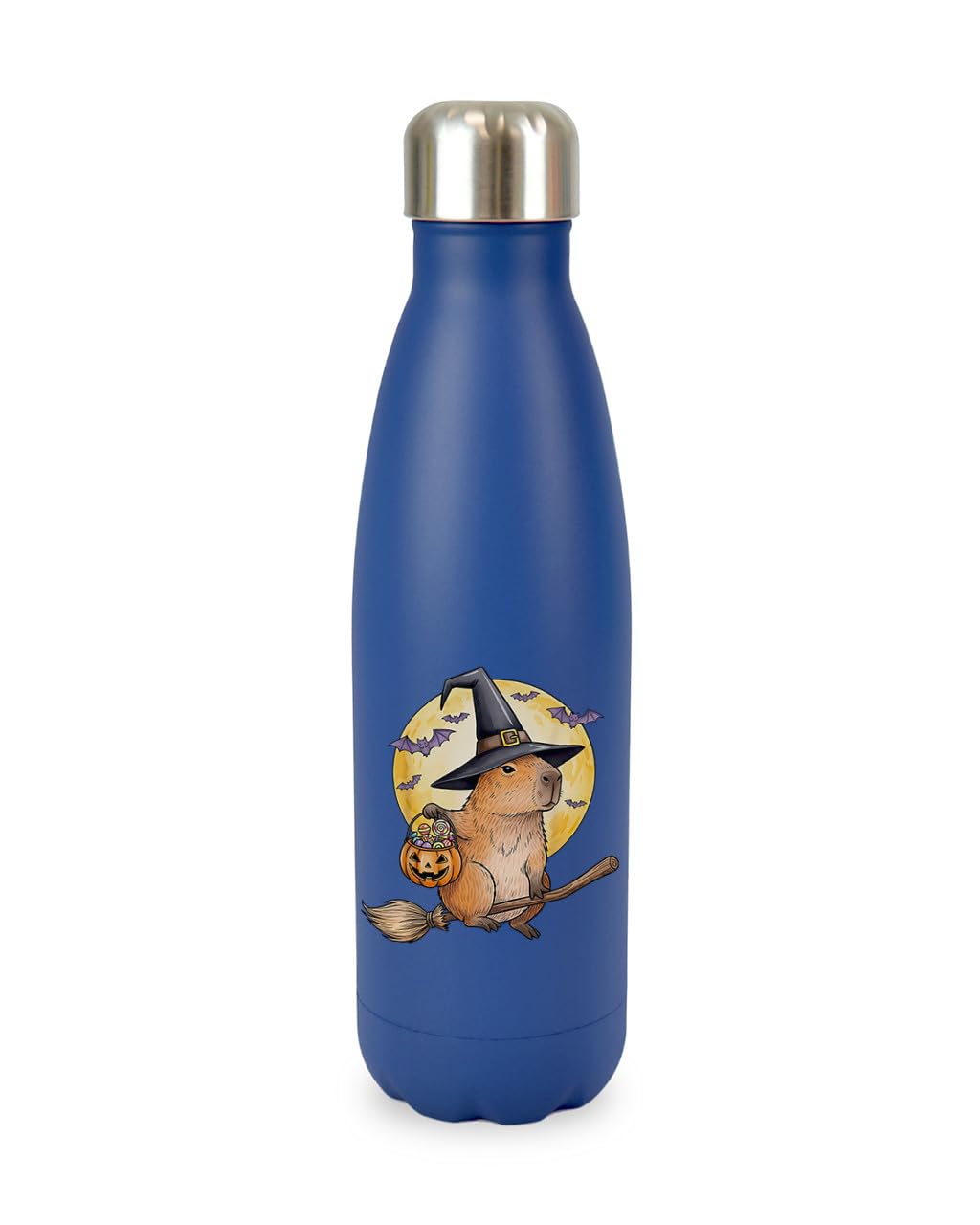 Capybara witch broom halloween cat autumn silly weird animal humerous spooky, iconic trendy cool screw top lid stainless steel water bottle drinks cup water bottle refill cute fun explore travel