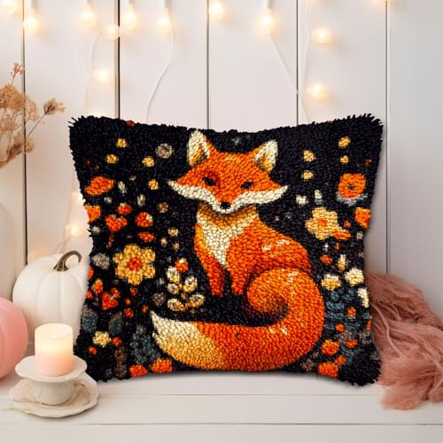 Image of Cartoon Orange Fox in Flowers DIY Latch Hook Pillow Kits for Adults Printed Pillowcase Crochet Yarns Hooking Handmade Pillow Cover Cushion for Home Sofa Decoration 17x17inch