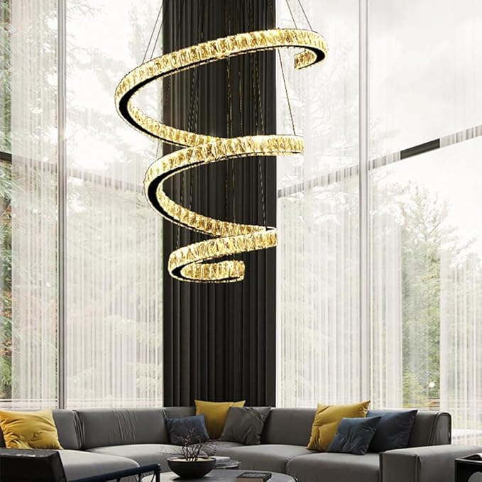 Grande lampadario di cristallo per soffitti alti, moderno, rotondo, a spirale, grande, a LED, lampadario lungo regolabile per ingresso, scala, soggiorno, sala da pranzo, cucina, isola, cam