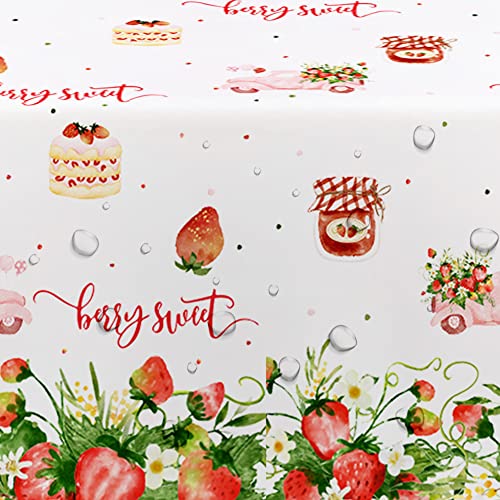 Image of Xigejob Strawberry Party Tablecloth Decorations, Disposable Summer Fruit Berry Sweet Theme Strawberry Table Cover for Birthday Baby Shower,3 Pack, 54in x 108in