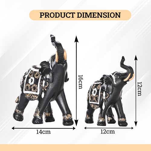 Image of Kuber Industries Set of 2 Elephant Figurines Idol for Home Decor | 6x5.5 Inch Resin Vastu Wealth, Prosperity Gift for Diwali & Housewarming | Black & Golden