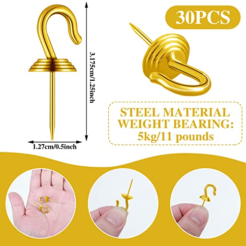 Image of Hotop 60 Pieces Push Pin Wall Hooks Metal Thumb Tack Hangers Iron Alloy Nail Decorative Picture Hooks for 20 Lbs Home Office School Party Supply (Gold)