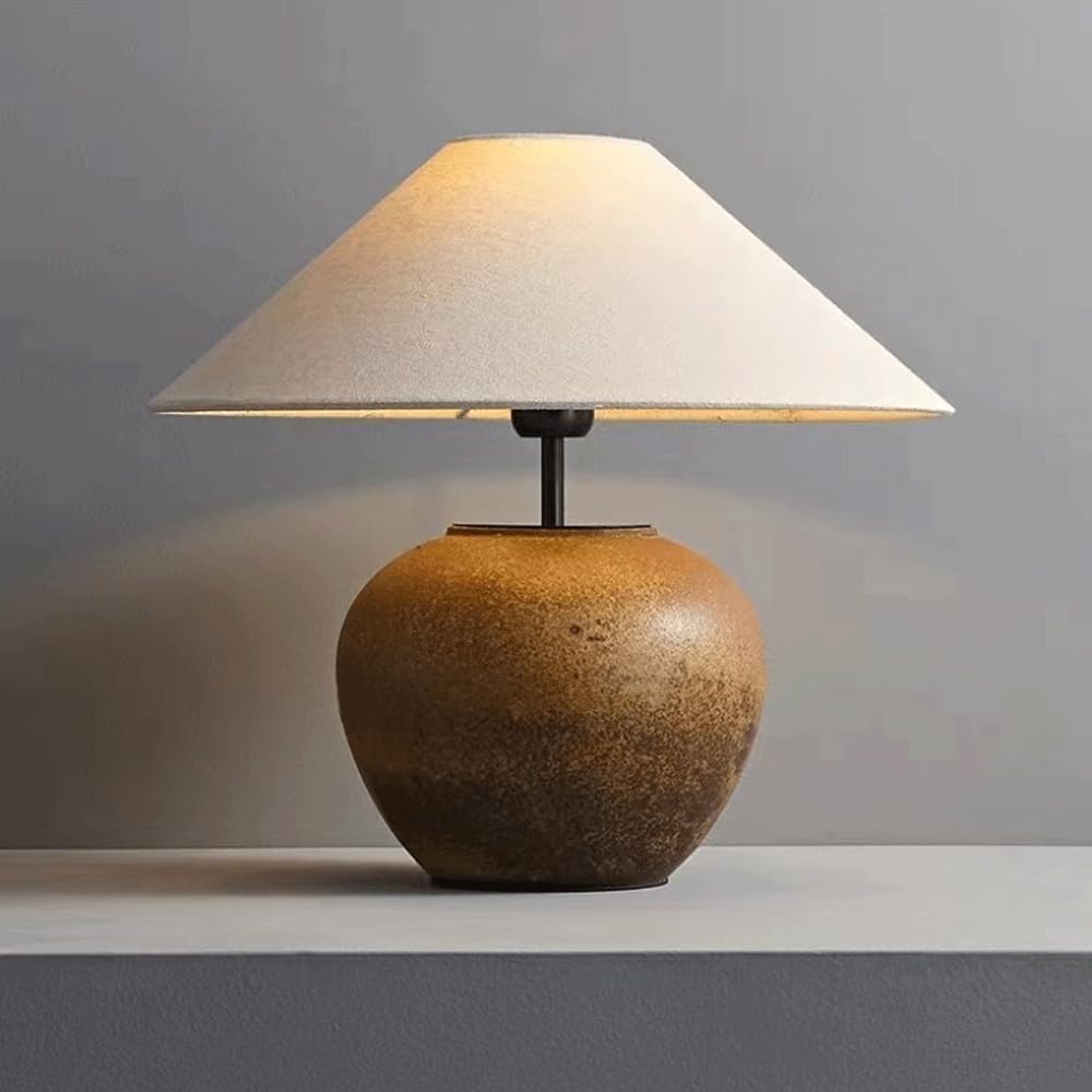 DFAEEKIYO Ceramic Table Lamp Beige Linen Drum Shade - Minimalist Decorative Lighting for Bedroom, Living Room and Office