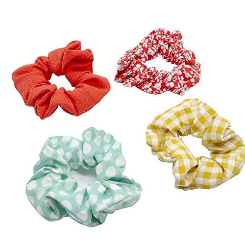 PONETTE - Pack de 4 Coleteros Scrunchie de Tejido Rojo con Estampado de Flores, en Tejido Rojo, Tejido Vichy Mostaza y Tejido Azul Turquesa con Topos, Marca Española Cover