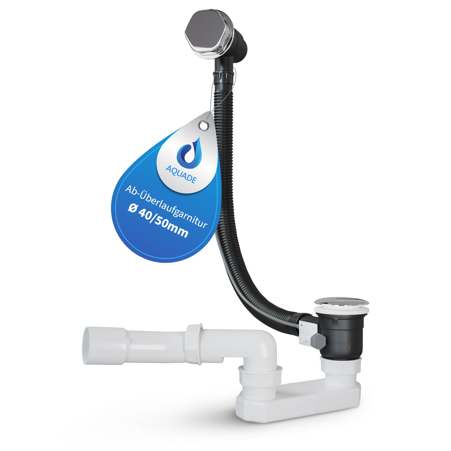 AQUADE Set completo de desagüe para bañera y rebosadero, diámetro 40/50 mm, cromado, desagüe para bañera, función Pop Up con tapón de olor excéntrico y cubierta de rebosadero de bañera