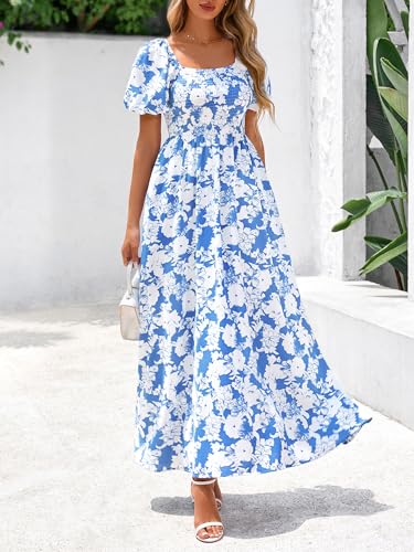 BTFBM Womens Summer 2025 Casual Maxi Dresses Short Sleeve Smocked Tiered Floral Boho Long Beach Dress with Pockets4