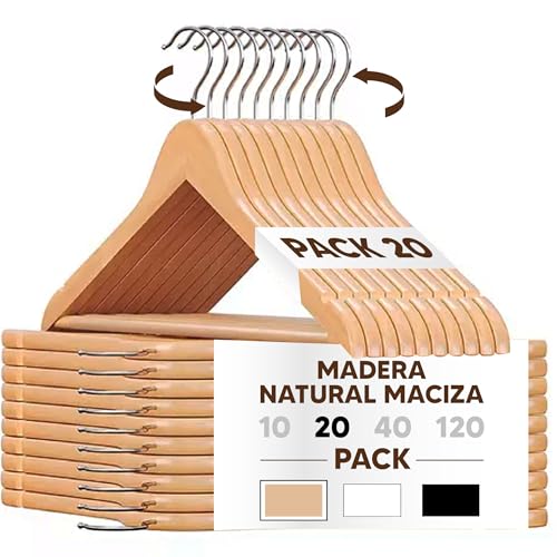 Mundo Home 20x Perchas Madera Natural Maciza Para Ropa - Colgadores De Madera Con Gancho Giratorio 360 - Perchas Ropa Para Pantalones, Camisa, Traje, Vestidos - Colgadores Antideslizantes