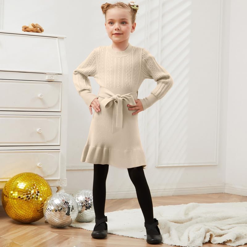 CHILDRENSTAR Girls Sweater Dress Ruffles Long Sleeve Warm Winter Pullover Cable Knit Clothes Belted for Kids4