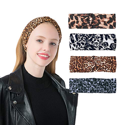 DINPREY Animal Print Headband Leopard print Headbands Sports Yoga Headband Cheetah Head Wrap for Womens (4 Pack Leopard Print)