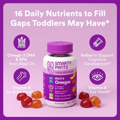 Image of SmartyPants Toddler Multivitamin Gummies, Omega 3 (DHA /EPA), Vitamins D3, C, Vitamin B12, B6, A, K & Zinc, Biotin, Gluten Free, Three Fruit Flavors, 60 Count (30 Day Supply)
