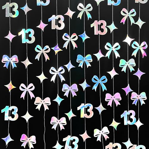 Image of Iridescent 13th Bow Birthday Decorations Glitter Conquette Bow Garland Streamer Banner Backdrop for Girls Boys Happy 13th Birthday Official Teenager Cheers to 13 Years Old Anniversary Party Supplies